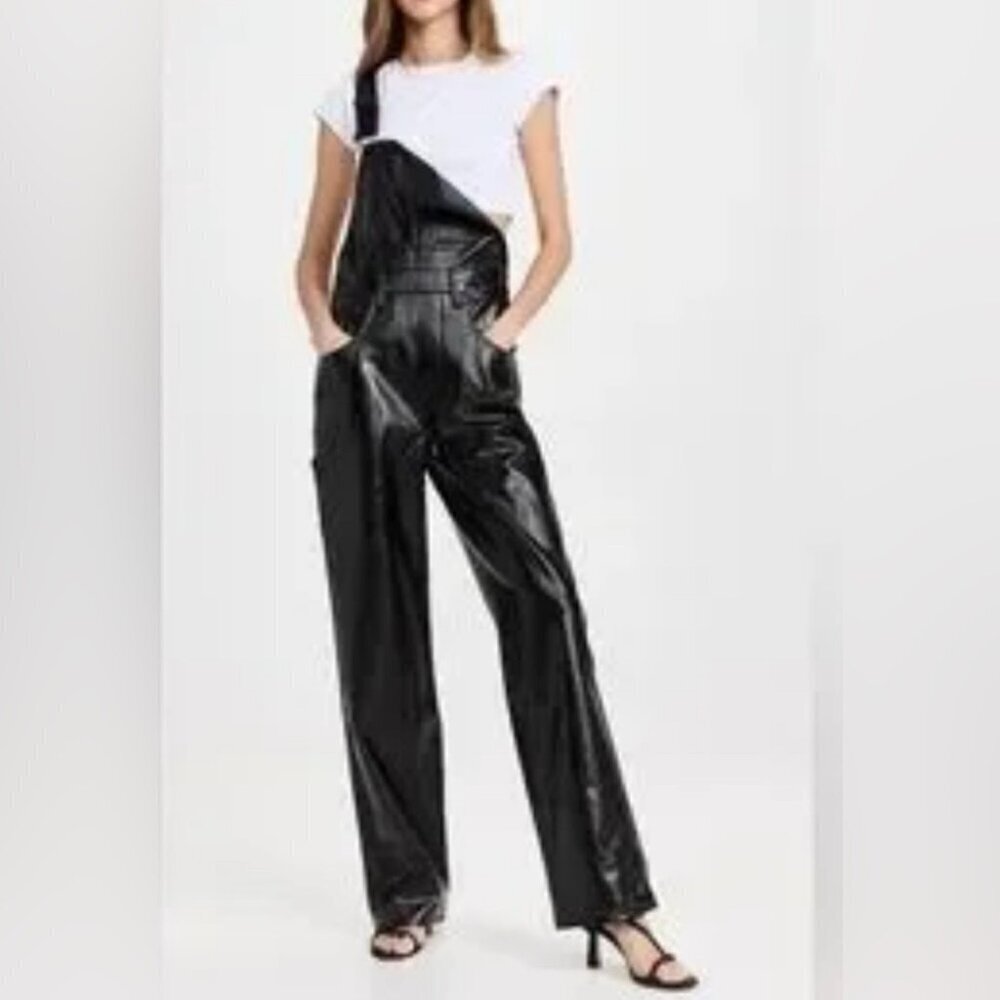 Good American Faux Leather Overalls | Black Patent Wide-Leg Dungarees 2